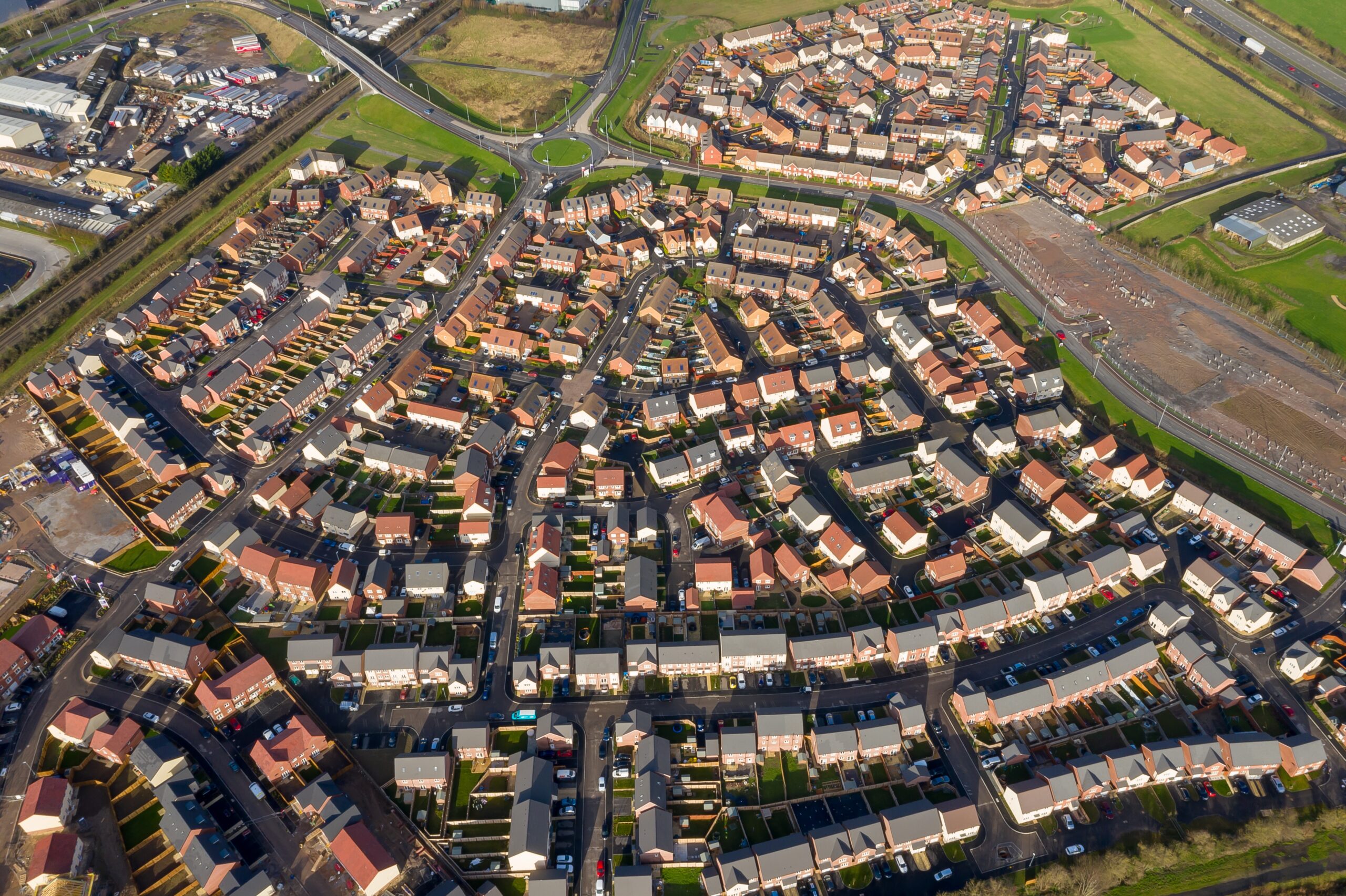 An aerial view of new houses in Bridgwater, Somerset, UK