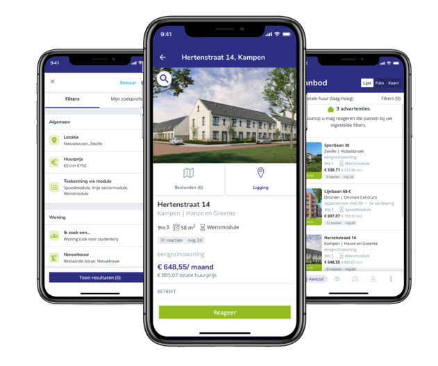 3 telefoonschermen woningzoeker app